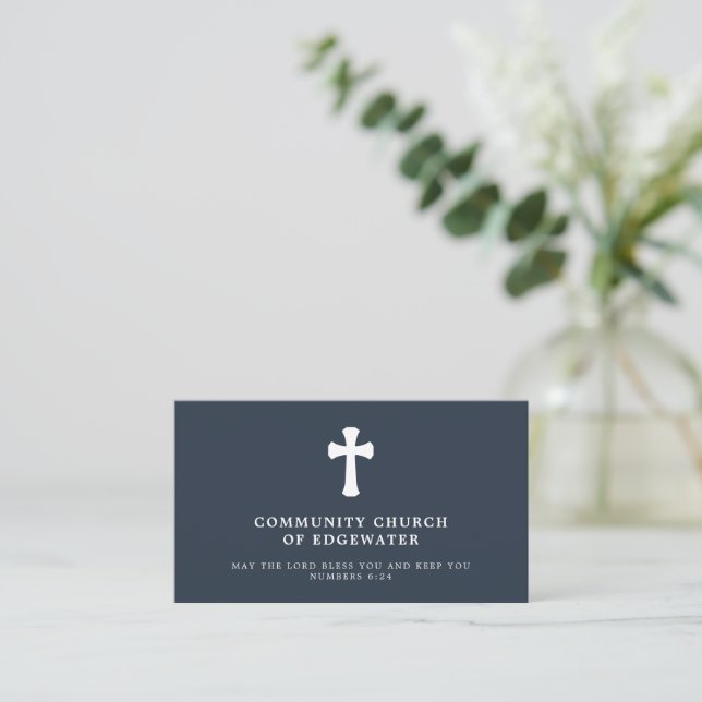 Christian Church Pastor Traditional Cross Navy Business Card (Standing Front)