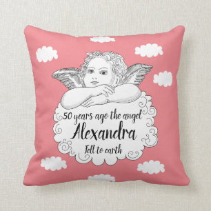 Christian Cloud Angel Happy 50th Birthday Pink Cushion