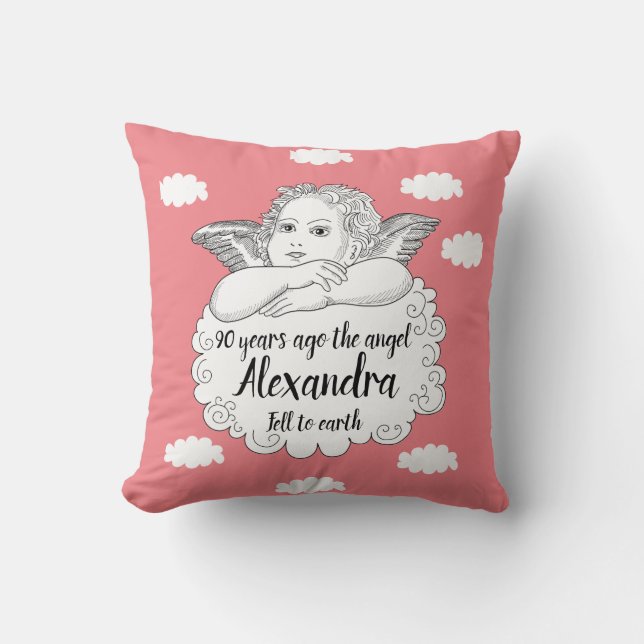Christian Cloud Angel Happy 90th Birthday Pink Cushion (Front)