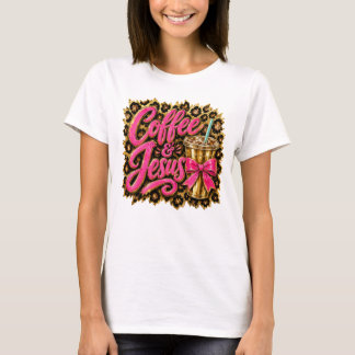 Christian Coffee Jesus Leopard Print Coquette Bow T-Shirt