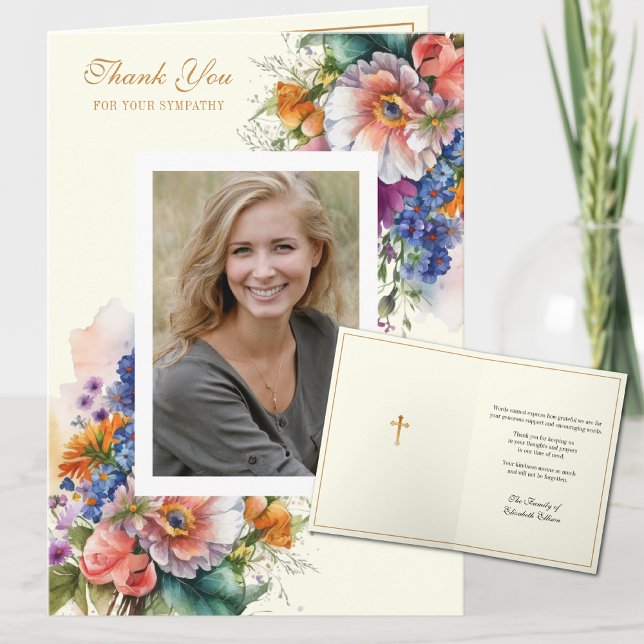 Christian Condolence Floral Photo Appreciation Thank You Card (Traditional Catholic Funeral Memorial Thank You Card)