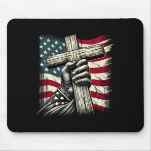 Christian Cross And Usa Flag 4th Of July Jesus Mouse Pad