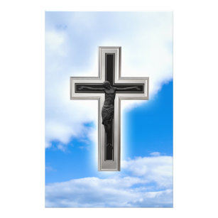 Christian cross at blue sky background flyer