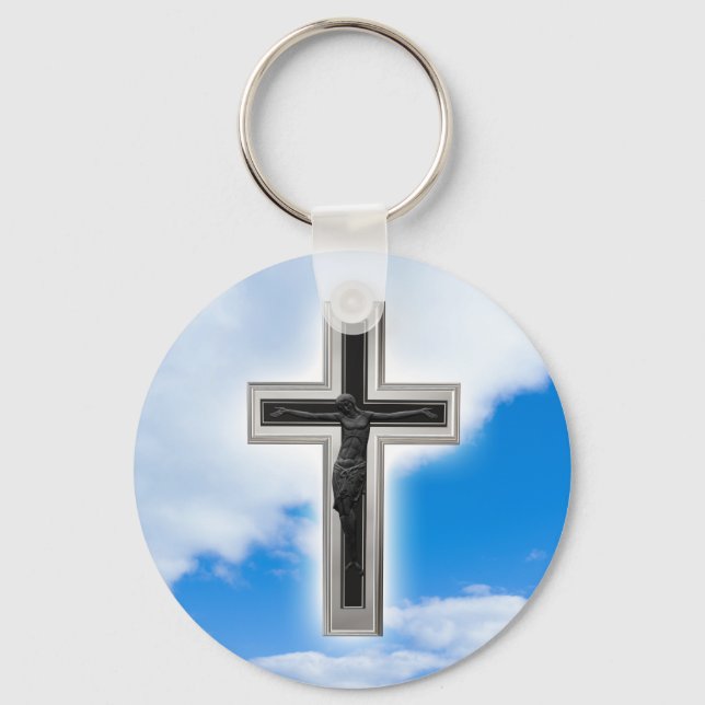Christian cross at blue sky background key ring (Front)