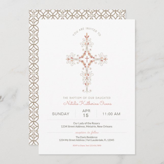 Christian Cross Baby Girl Baptism Invitation (Front/Back)