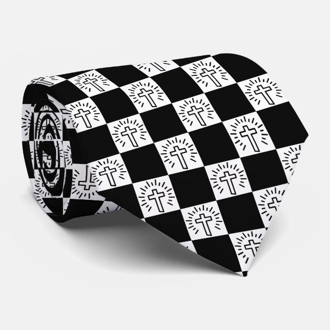 Christian Cross Black and White Tie (Rolled)