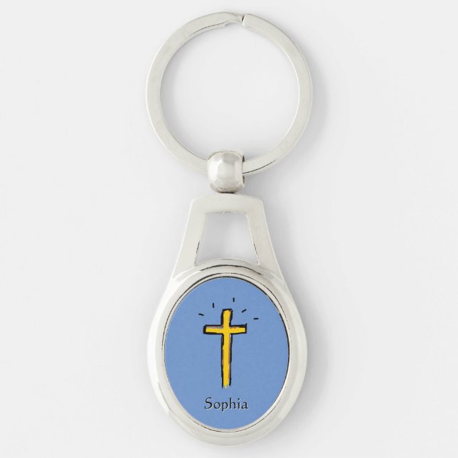 Christian Cross Blue Custom Name  Keychain (Front)