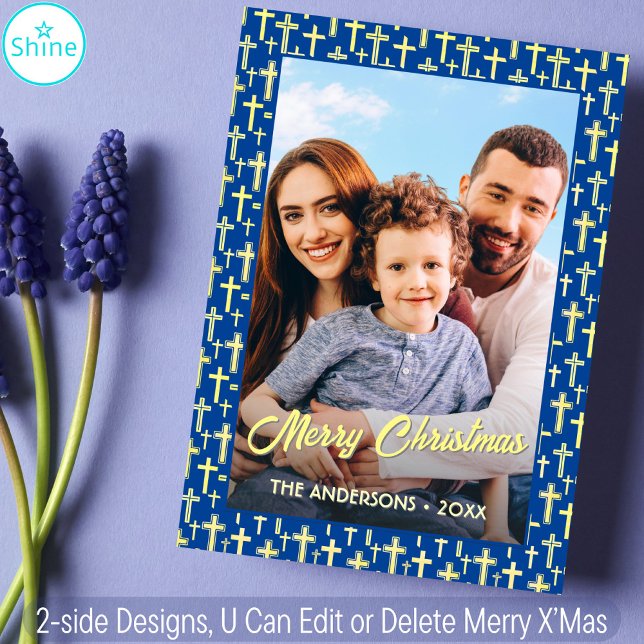 Christian Cross Christmas Elegant Script Navy Blue Holiday Card (Creator Uploaded)