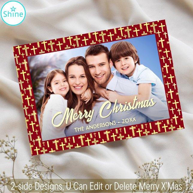 Christian Cross Custom Photo Script Red Christmas Holiday Card (Creator Uploaded)