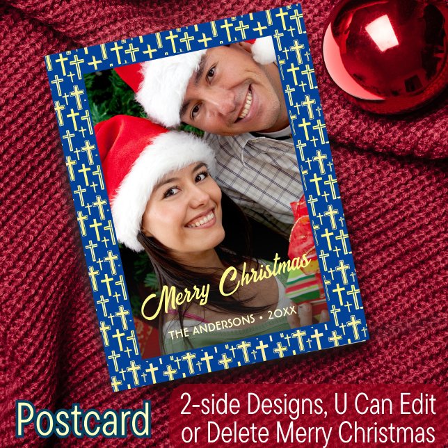 Christian Cross Elegant Script Navy Blue Christmas Holiday Postcard (Creator Uploaded)