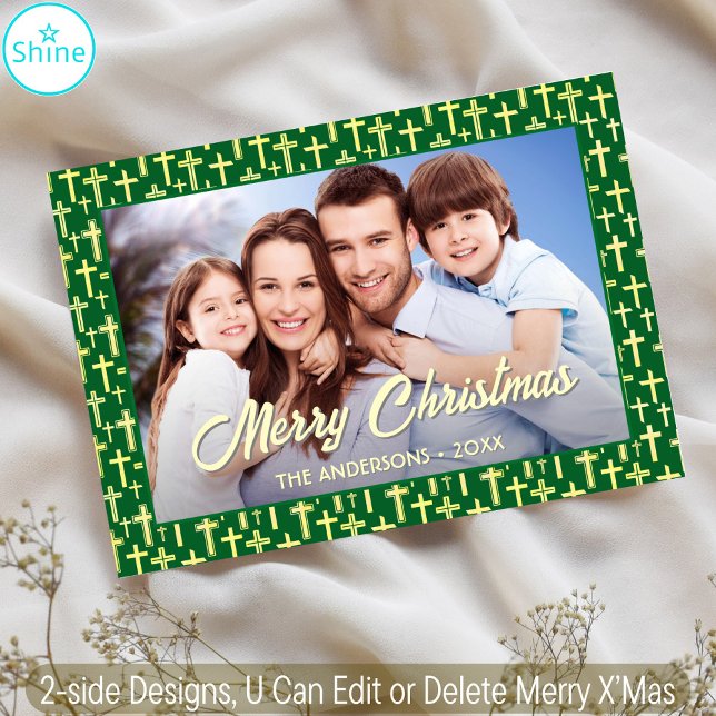 Christian Cross Elegant Script Photo Christmas Holiday Card (Creator Uploaded)
