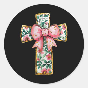 Christian Cross Floral Coquette Bow Pink Religious Classic Round Sticker