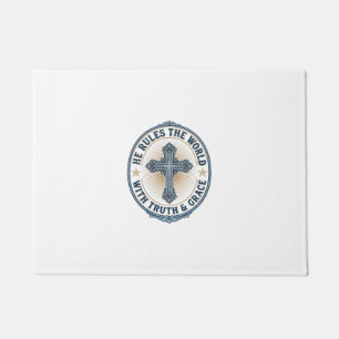 Christian Cross He Rules the World Doormat