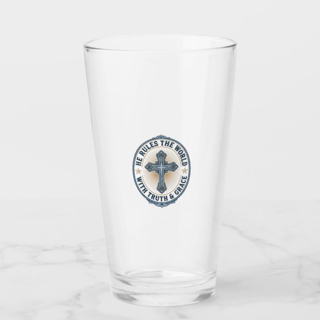 Christian Cross He Rules the World Glass (Front)