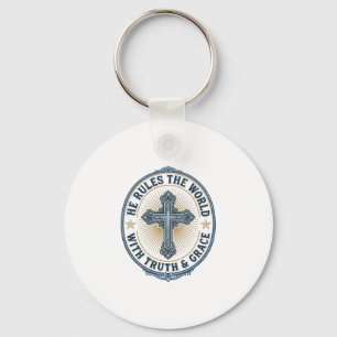 Christian Cross He Rules the World Key Ring