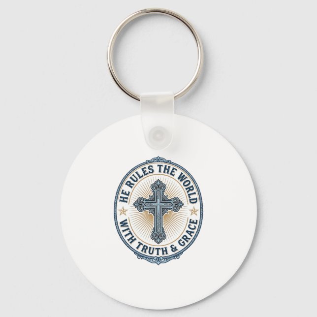 Christian Cross He Rules the World Key Ring (Front)
