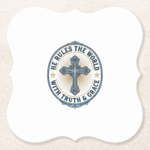 Christian Cross He Rules the World Paper Coaster