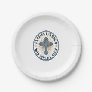 Christian Cross He Rules the World Paper Plate
