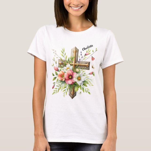 Christian Cross Highlighted by Floral Spring Halo T-Shirt (Front)