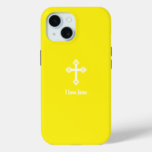 Christian Cross I Love Jesus Bright Yellow iPhone 15 Case