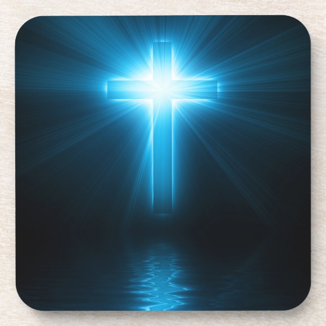 Christian Cross in Blue Light Coaster (Front)