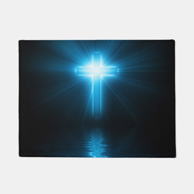 Christian Cross in Blue Light Doormat (Front)