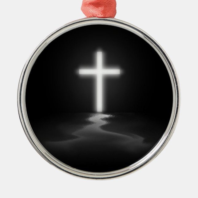 Christian Cross in the Mist Metal Tree Decoration (Front)