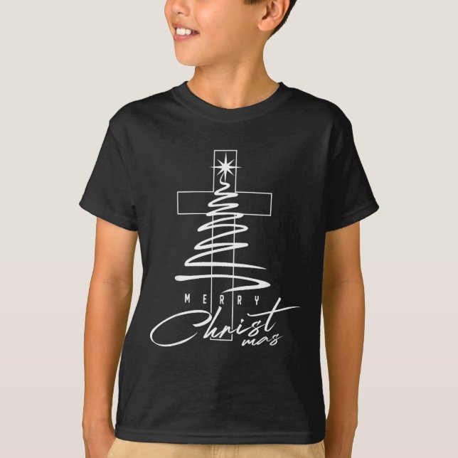 Christian Cross Jesus Merry Christmas Xmas Tree Ho T-Shirt (Front)