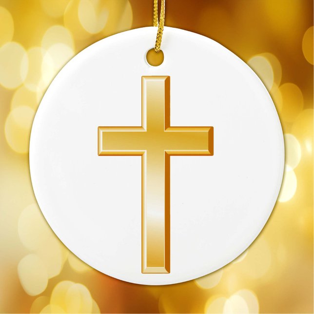 Christian Cross Ornament (Gold cross, symbol of Christian faith. Customize with your text. )