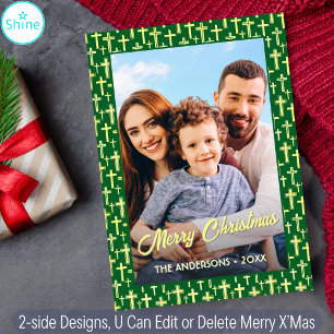 Christian Cross Photo Elegant Script Christmas Holiday Card