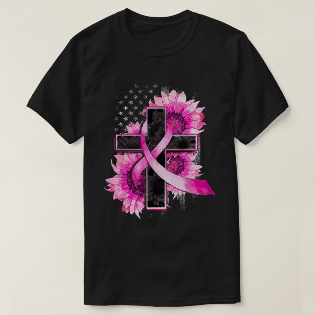 Christian Cross Pink Ribbon Sunflower Breast Cance T-Shirt (Design Front)