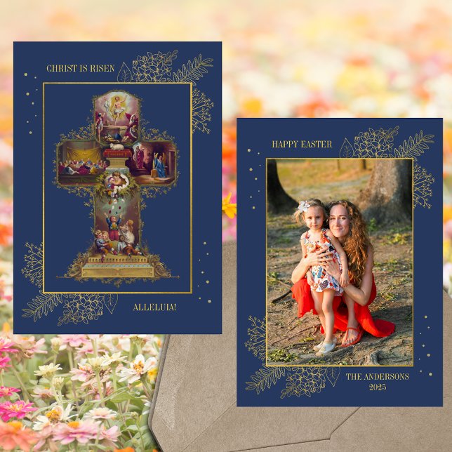 Christian Cross Resurrection Family Photo Easter Holiday Card (Religious Christian Catholic Floral Easter Cross Resurrection of Jesus Family Photo Holiday Card)