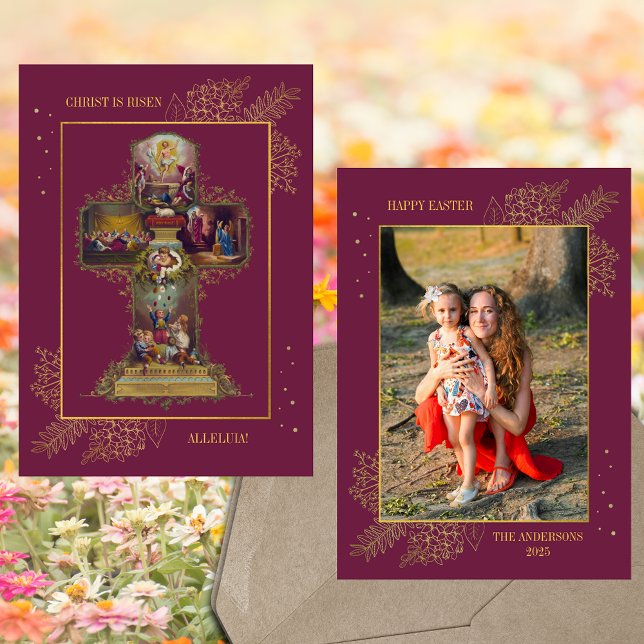 Christian Cross Resurrection Family Photo Easter Holiday Card (Religious Christian Catholic Red Floral Cross Resurrection of Jesus Family Photo Easter Holiday Card)