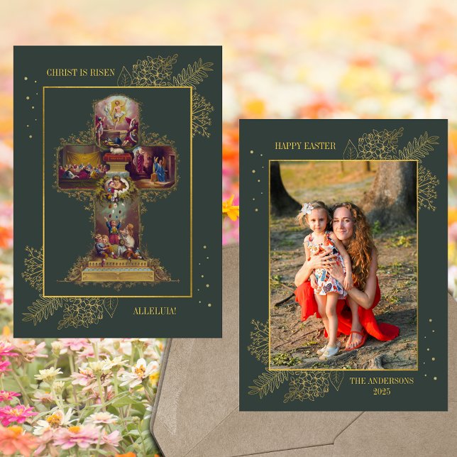 Christian Cross Resurrection Family Photo Easter Holiday Card (Religious Christian Catholic Easter Floral Cross Jesus Christ Resurrection Family Photo Holiday Card)