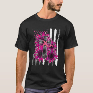 Christian Cross Ribbon Sunflower Breast Cancer Fla T-Shirt