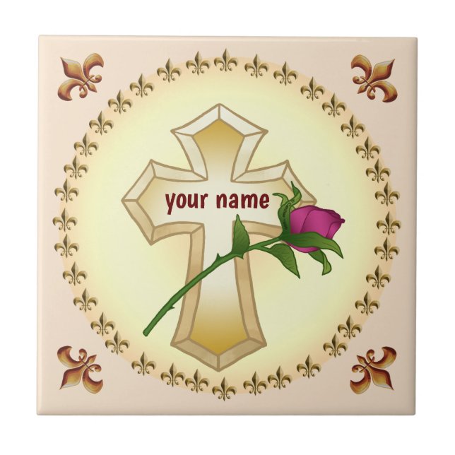 Christian Cross Rose  Tile (Front)