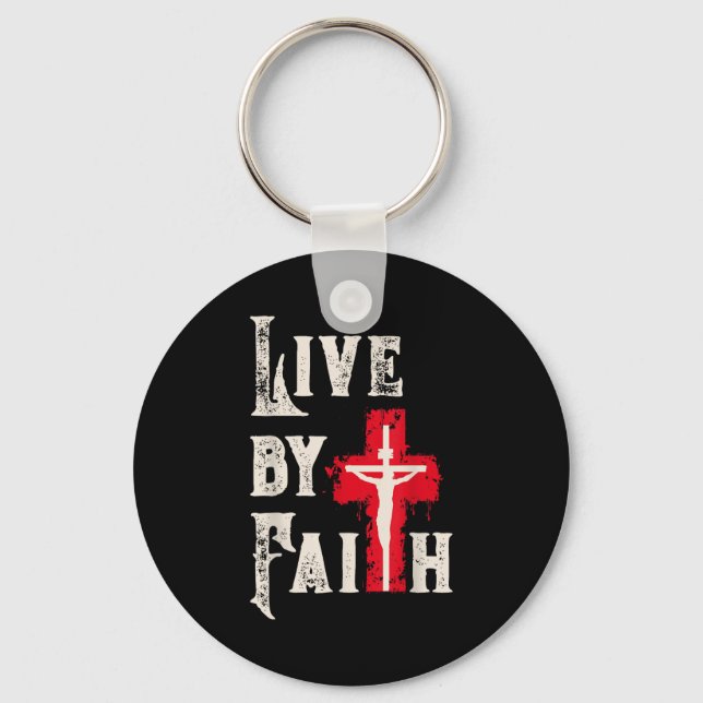 Christian Cross Scripture Live By Faith  Key Ring (Front)