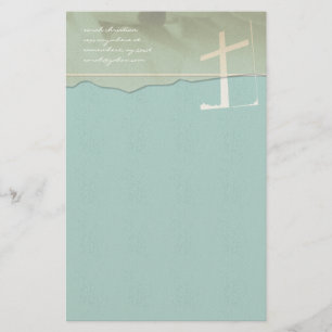 Christian Cross Stationery Rose On Aqua Blue