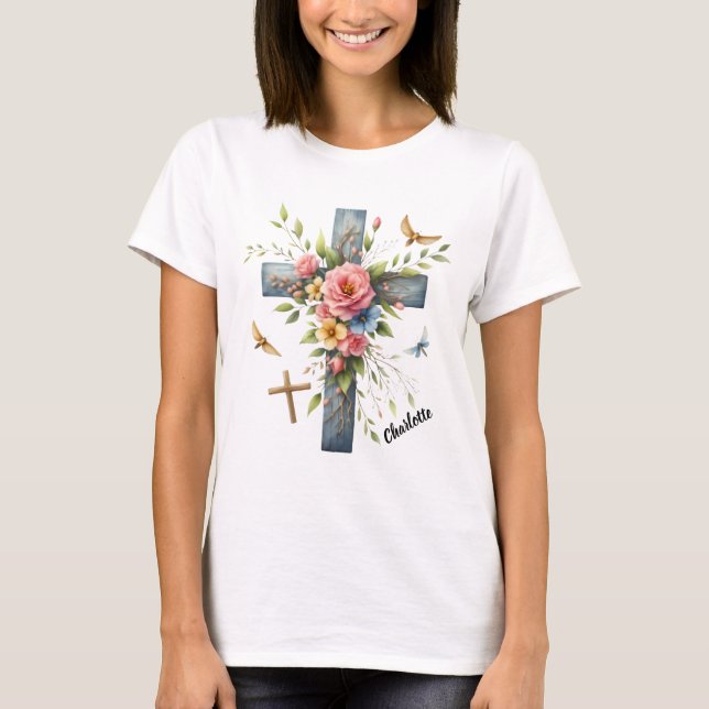 Christian Cross Surrounded Delicate Spring Blossom T-Shirt (Front)