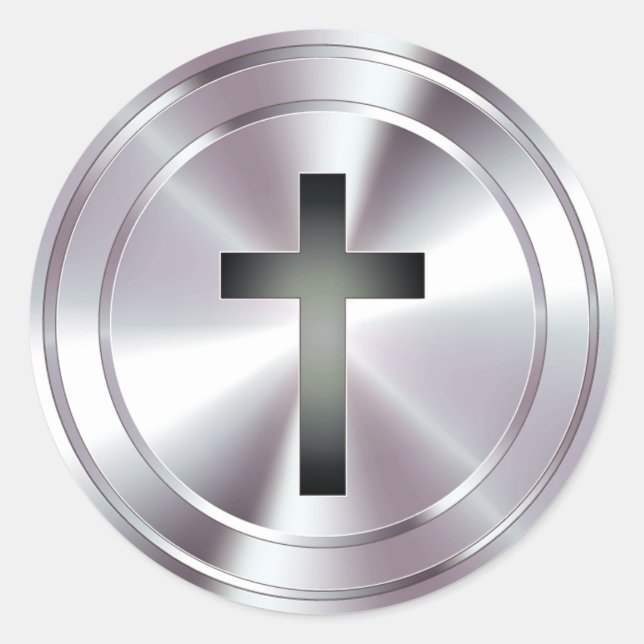 Christian Cross Symbol - chrome silver Classic Round Sticker (Front)