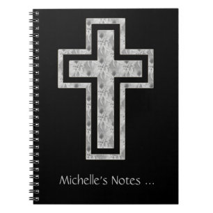 Christian Cross Symbol Pretty Grey Flowers Spiral Notebook