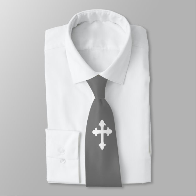 Christian Cross Symbol White Silver Gray Tie (Tied)