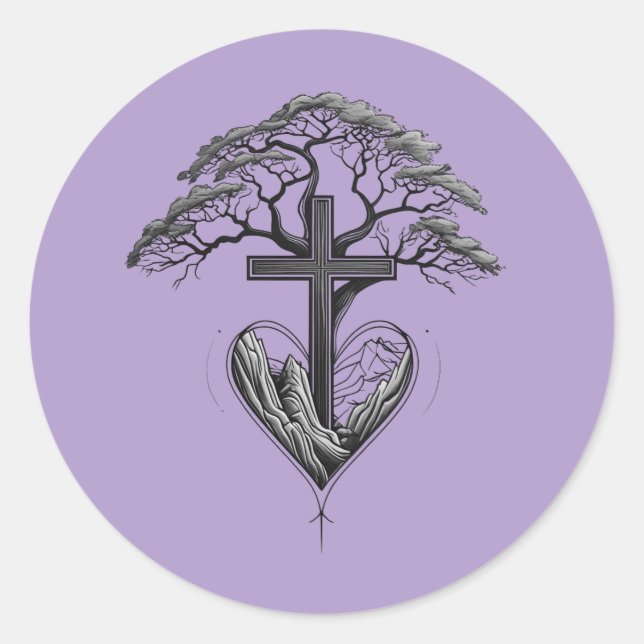 Christian Cross Tree Mountain Heart Sticker (Front)
