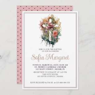 Christian Cross Watercolor Flowers Girl Baptism  Invitation