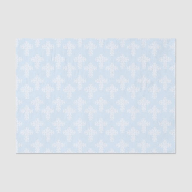Christian Cross White on Blue Damask Pattern Tissue Paper (Front)