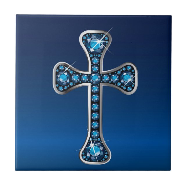 Christian Cross with "Aquamarine" Stones Tile (Front)