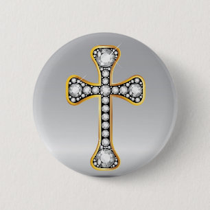 Christian Cross with "Diamond" Stones 6 Cm Round Badge