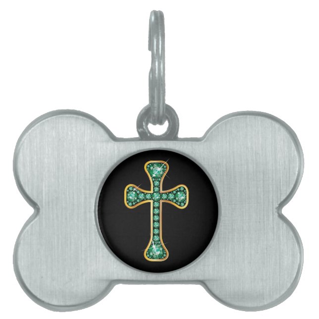 Christian Cross with "Emerald" Stones Pet Tag (Front)