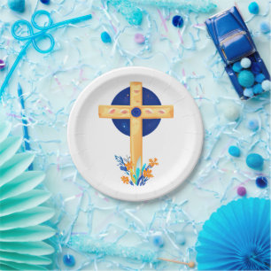 Christian Cross with Flowers Paper Plate