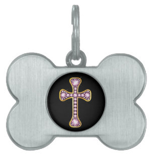 Christian Cross with "Rose Quartz" Stones Pet ID Tag